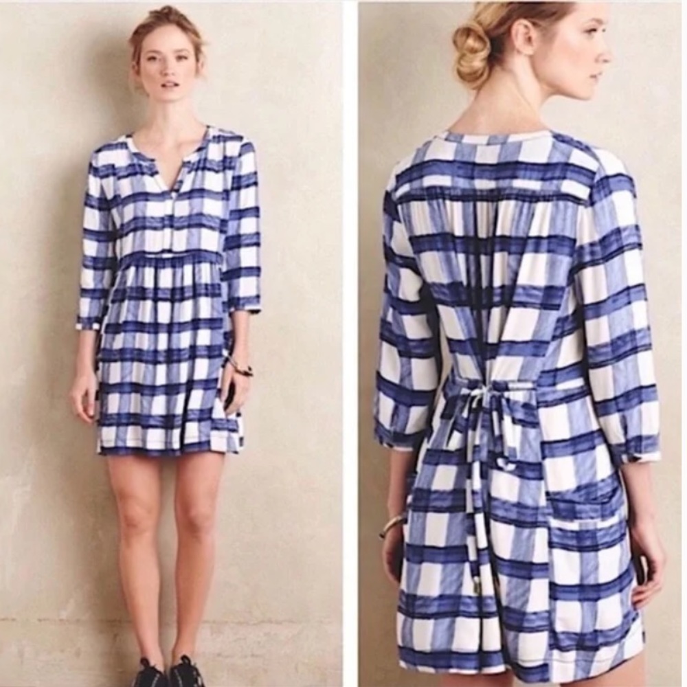Anthropologie Maeve size L blue windowpane dress